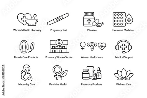 Women's health icons: pharmacy, pregnancy, medicine, and wellness symbols