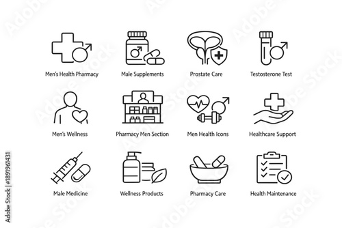 Men's health icons set: pharmacy, supplements, tests, and wellness symbols