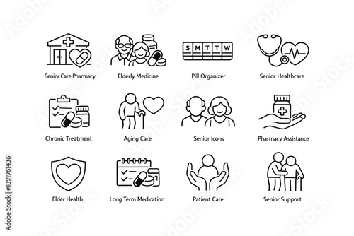 Senior healthcare icons: pharmacy, medicine, support, treatment, care