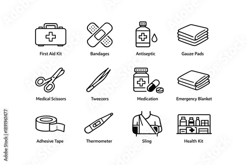 First aid kit essentials: first aid kit, bandages, antiseptic, gauze pads, medical scissors