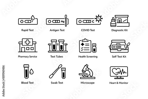 Medical test icons: rapid, covid, diagnostic, health screening, microscope