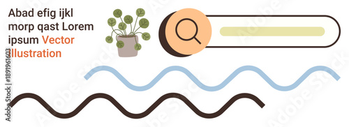 User interface design, home decor, gardening, search concepts, creativity, digital trends. Search bar with magnifying glass, potted plant wavy lines. Search concepts and home decor elements