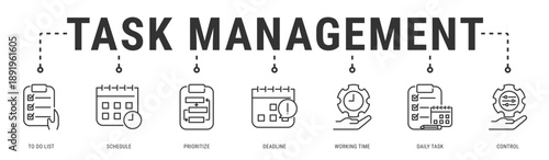 Task Management web banner icon vector illustration with To Do List, Schedule, Prioritize, Deadline, Working Time and Daily Task