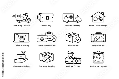 Healthcare delivery icons: medicine, courier, logistics, pharmacy, healthcare