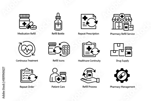 Medication refill and healthcare management icons for pharmacy services