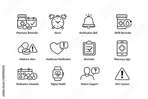 Medical alert icons set featuring alarms, notifications, and healthcare symbols