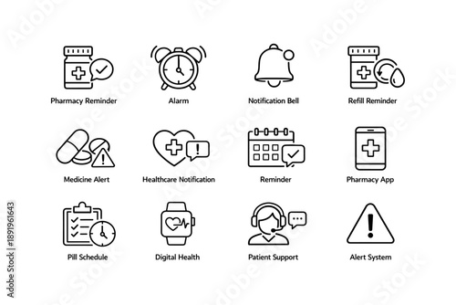 Healthcare notification icons set: reminders, alerts, and support tools