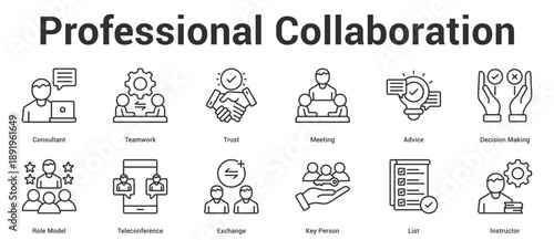 Professional Collaboration icon set collection editable vector illustration concept for business with icon of Consultant, Teamwork, Trust, Meeting, Advice, Decision Making, Role Model, Teleconferenc.