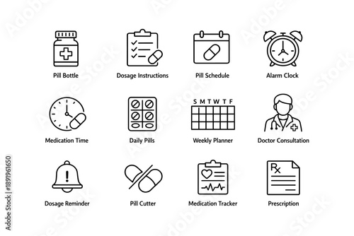 Medication management icons: pill bottle, dosage instructions, alarm, doctor, prescription