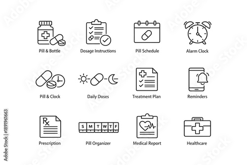 Medication management icons: dosage, pill organizer, healthcare, treatment, reminders