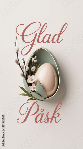 Glad Påsk – Swedish Easter greeting with modern pastel egg, floral decoration and soft light in vertical design