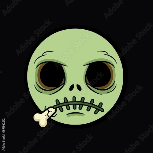 Zombie Face with Stitched Mouth and Bone Halloween Illustration.