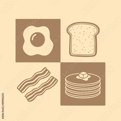 Classic Breakfast Icons Featuring Fried Egg Bacon Toast and Pancakes.