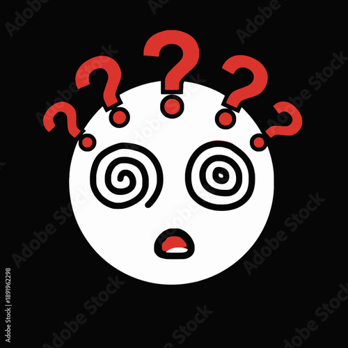 Confused face with question marks and spiral eyes.