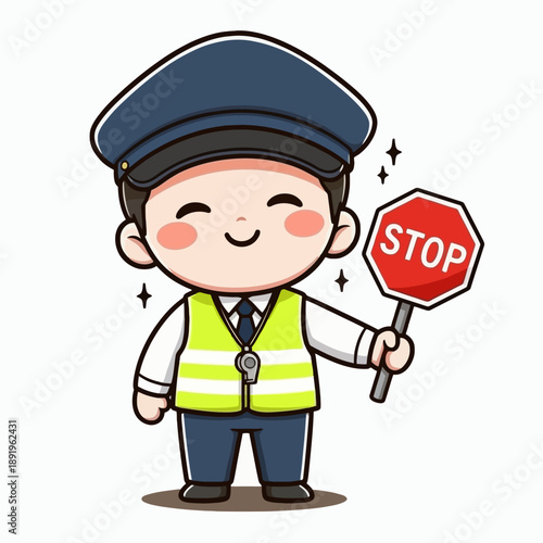 Cute Cartoon Traffic Warden Holding Stop Sign.