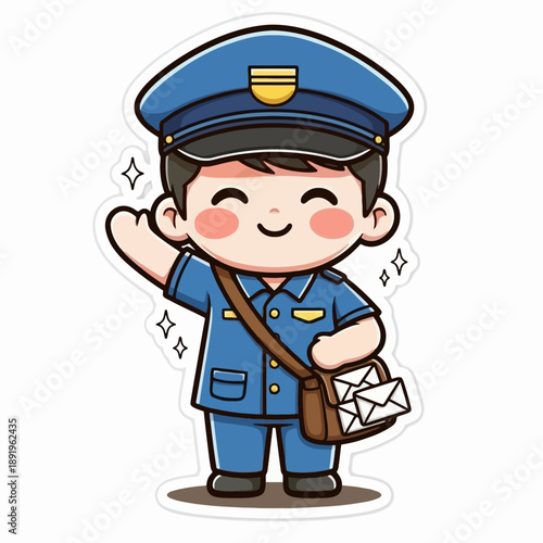Cute Chibi Postman Character Waving Hello with Mail Bag.
