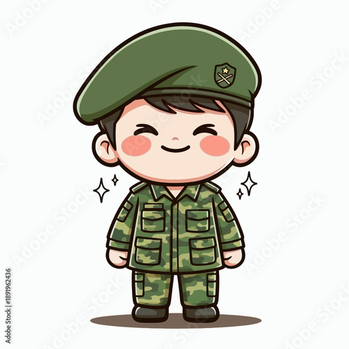 Cute Cartoon Soldier Character in Military Uniform and Beret.