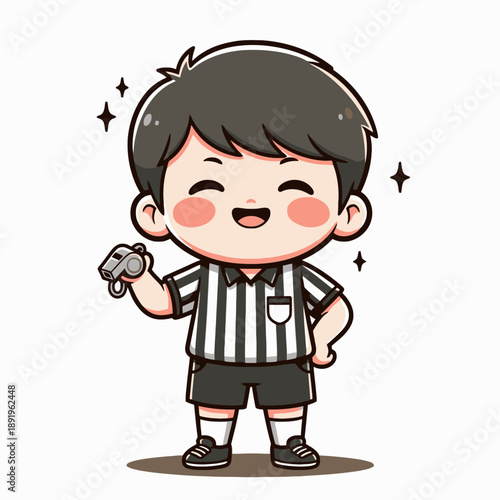 Cute Cartoon Referee Boy Holding Whistle Ready for Game.