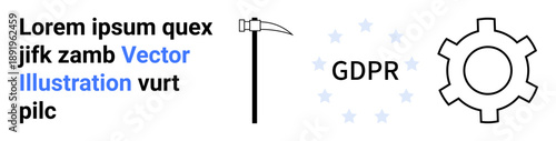 Pickaxe, GDPR text encircled by stars, gear icon. Ideal for data security, regulation, compliance, governance, cybersecurity, process optimization simple landing page