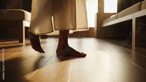 Bare feet on wooden floor in sunlit room, wellness concept