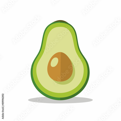 Flat vector illustration of a fresh avocado half, featuring vibrant green flesh and a brown pit, centered on a clean white background. Ideal graphic for healthy eating concepts