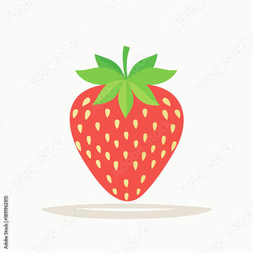 Flat vector illustration of a single fresh, ripe red strawberry with green leaves, centrally placed. Symbolizes natural sweetness, health, and refreshing fruit