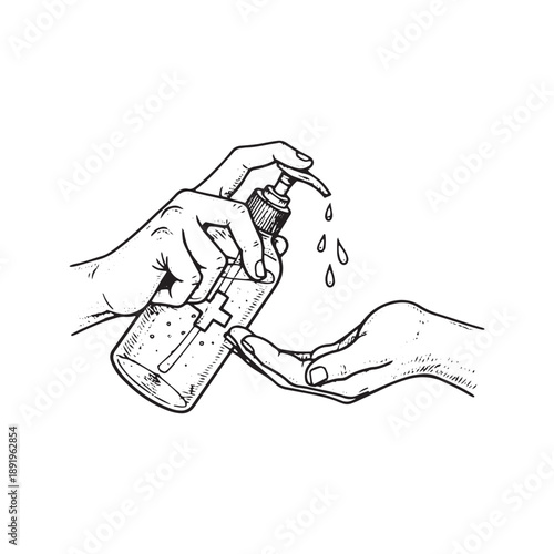 Sketch illustration of hands using medical hand sanitizer pump dispenser for hygiene
