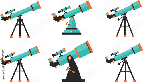 Astronomy telescope set on tripods and mounts, cartoon vector observatory equipment collection isolated on white background for science education