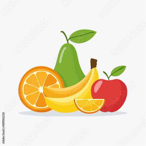 Flat vector illustration of mixed fruits including apple, banana, orange and pear, a healthy and vibrant assortment for natural nutrition and fresh food concepts