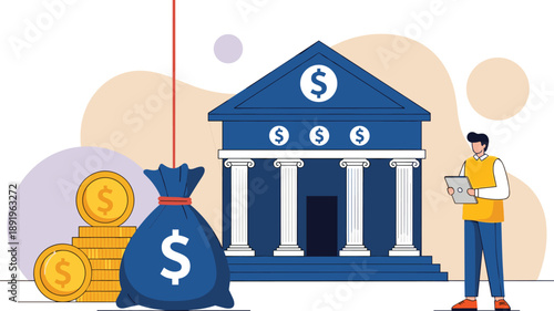 Bank building with money bag and coins, financial services concept, savings investment, banking industry, flat vector illustration design