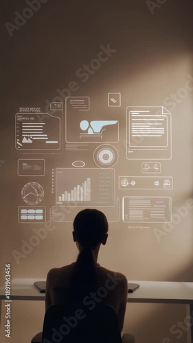 A seated back-view silhouette interacts with floating AR workspace tools in a neutral interior.