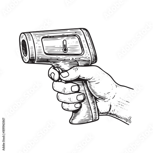 Line art sketch of hand holding digital infrared non-contact medical thermometer
