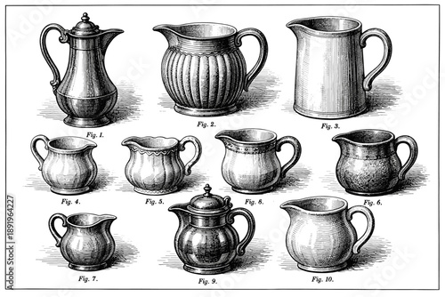 Antique engraving of various victorian silver pitchers and jugs in detailed illustrations