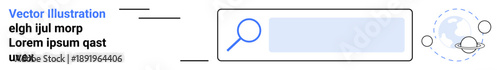 Internet browsing, search engine optimization, digital research, data access, online query, and information retrieval. Search bar with magnifying glass and globe icon. Internet browsing and SEO