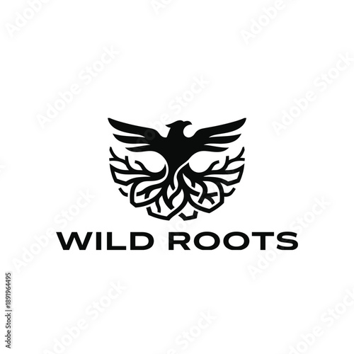 Strong eagle silhouette with organic tree root wings for conservation foundation or nature adventure brand identity named Wild Roots