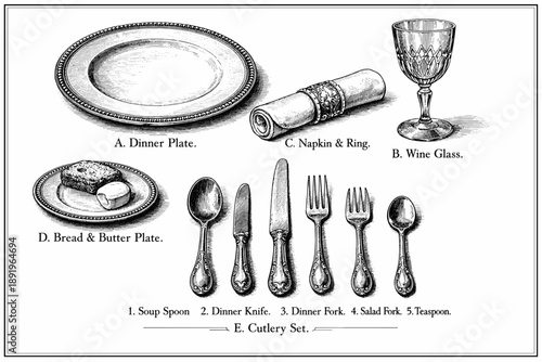 Vintage dinnerware set illustration with plates, cutlery, wine glass, and napkin