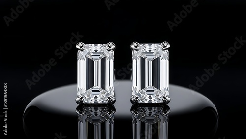 A pair of elegant emerald cut diamond earrings on a sleek black reflective surface with dark background