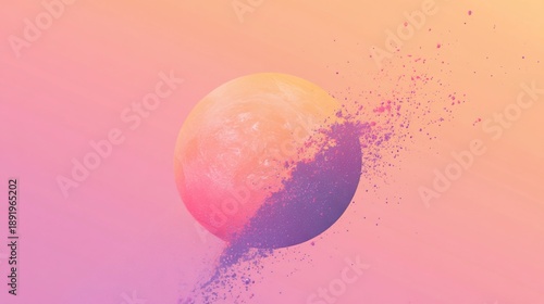 Ethereal sphere with exploding color particles on pastel gradient background