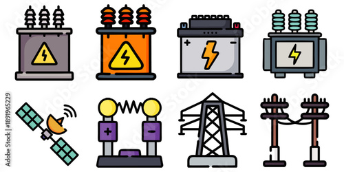 Set of simple icons representing electricity infrastructure with warning signs and power lines, perfect for energy and utility projects