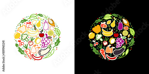 Colorful arrangement of fresh fruits and vegetables in a circular pattern, symbolizing healthy eating and nutrition
