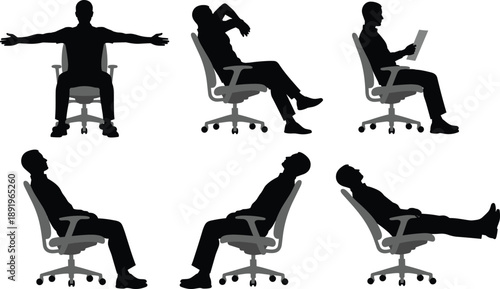 Set of office chair sitting positions silhouettes demonstrating ergonomics posture variations for workplace comfort, health, relaxation, and modern corporate lifestyle