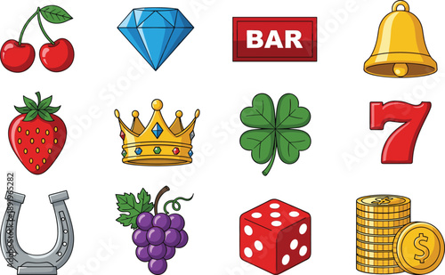 Set of luck symbols icons cherries diamond crown clover horseshoe dice coins bar bell seven gambling fortune illustration