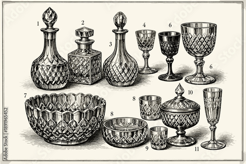 Vintage crystal glassware collection featuring decanters, bowls, goblets, and chalices
