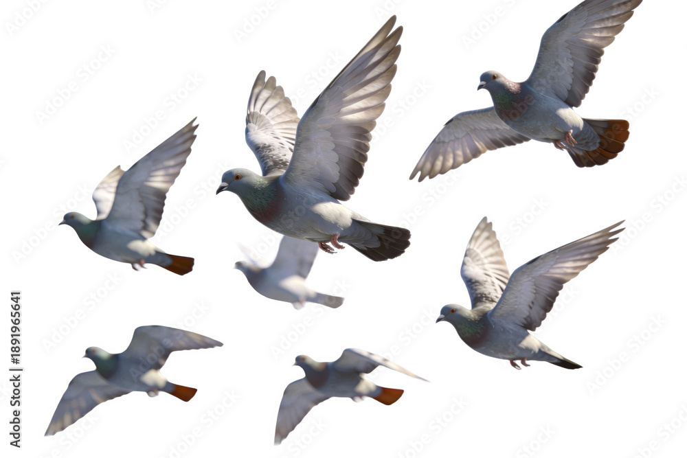 Fototapeta premium Several pigeons are seen in mid - air flight, showcasing their wings spread and natural avian behavior. Captures the freedom and movement of these birds in outdoor settings.