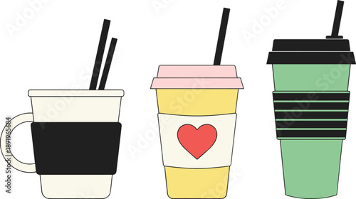 Set of takeaway coffee cups, reusable and disposable drink containers, cafe beverages, flat vector illustration isolated collection design