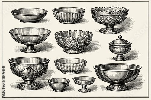 Intricately designed vintage bowls and goblets in antique engraving style