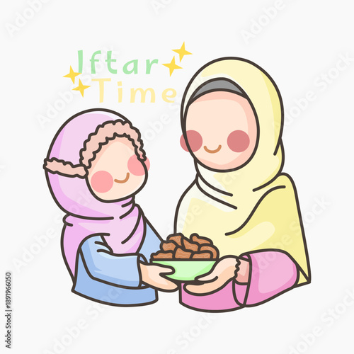 Cute flat illustration showing warm family moment at iftar time. Soft pastel palette and friendly style. Perfect for Ramadan family concepts and religious storytelling.