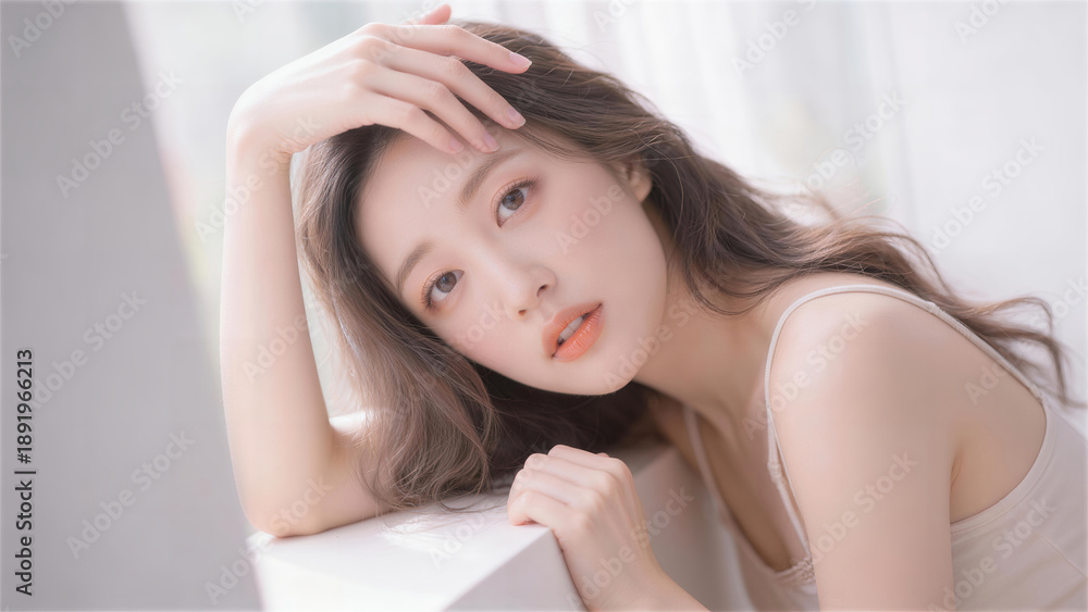 Fototapeta premium 白い空間で髪に手を添えてポーズをとる美しい女性