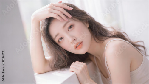 白い空間で髪に手を添えてポーズをとる美しい女性