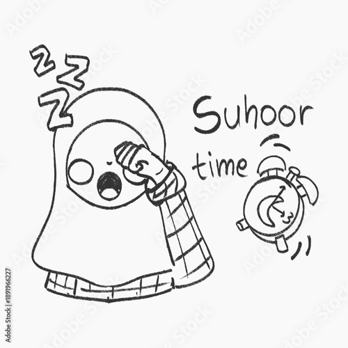 Hand drawn sketch illustration of suhoor moment with playful lines and minimal details. Simple outline style. Ideal for kids learning Ramadan routine visuals and activity sheets.